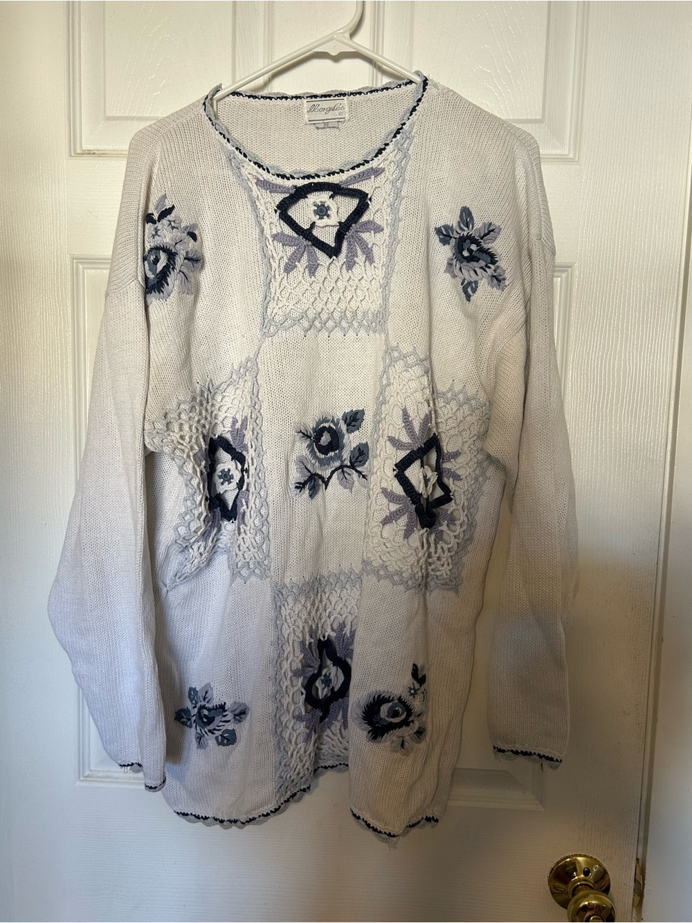 Women’s Cream Knit Sweater with Navy Floral Embroidery by Royalty